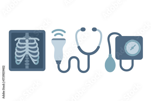 Essential medical diagnostic tools set including X-ray, ultrasound, stethoscope, and blood pressure monitor