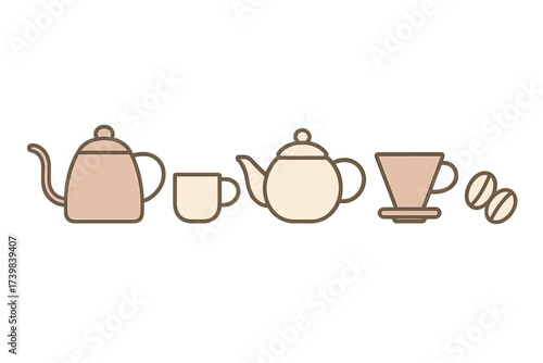 Minimalist line art icons set of coffee brewing equipment including kettles, mug, and beans