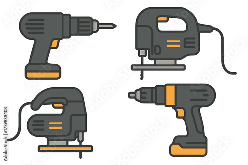 Handheld electric and battery-powered tools including drills and jigsaws for building