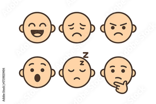 Simple graphic icons showing six different emotional states including joy sadness anger and sleep