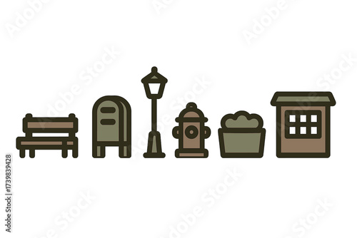 Collection of essential urban infrastructure elements including bench, mailbox, street lamp, fire hydrant, and kiosk icons