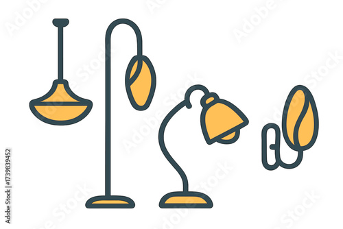 Set of modern indoor lighting fixtures including pendant, floor, desk, and wall lamps in minimalist style