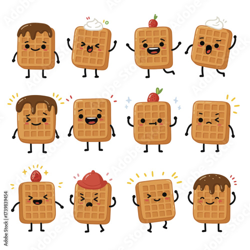 Cute Kawaii Waffle Character Mascot Set with Various Emotions.