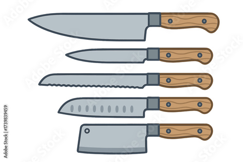 Professional kitchen cutlery set featuring essential cooking knives with wooden handles