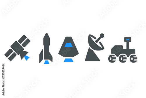 Set of space exploration symbols including satellite rocket capsule antenna and planetary rover