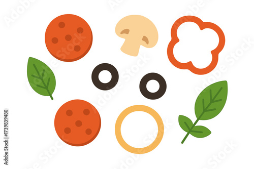 Colorful collection of fresh pizza ingredients including pepperoni, mushrooms, olives, and bell pepper slices