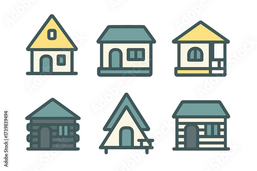 Minimalist line art symbols of small homes, bungalows, and rustic outdoor cabins