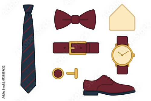 Stylish men's formal wear accessories collection including necktie, bow tie, leather belt, dress shoe, and wristwatch