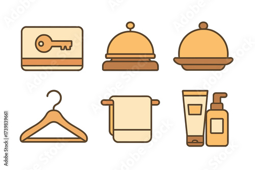 Collection of essential hotel amenities and hospitality service symbols