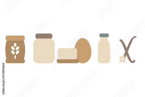Set of essential baking ingredients including flour, butter, egg, milk, and vanilla pods
