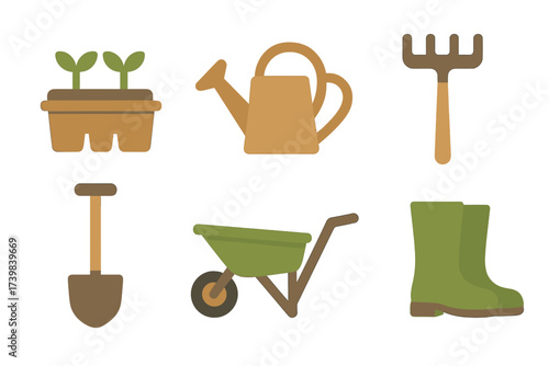 Essential gardening tools and equipment set featuring boots, wheelbarrow, watering can, and seedlings