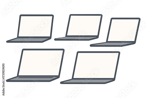 Repeating pattern of five modern portable computers with blank screens for copy space