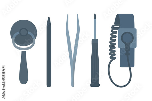 Essential precision tools for electronic device repair and maintenance on white background