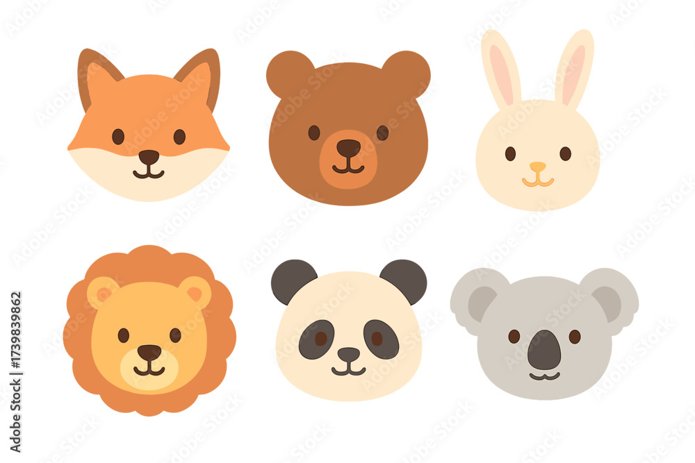 Fototapeta premium Six adorable cartoon animal faces set: fox, bear, rabbit, lion, panda, and koala on white background