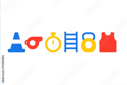 Colorful graphic symbols representing essential sports training and gym equipment items
