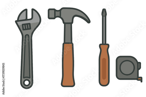 Essential construction and repair hand tools set including hammer, wrench, screwdriver, and measuring tape