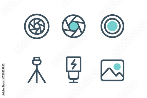 Outline icons of photography equipment and camera settings including aperture, flash, and tripod symbols