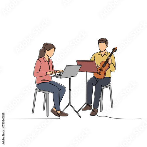 Young couple composing music together at a studio workspace  
