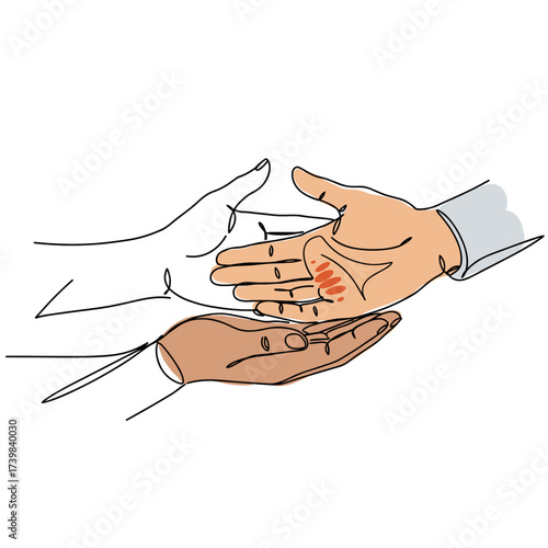 Two hands engaged in palm reading with detailed palm lines  