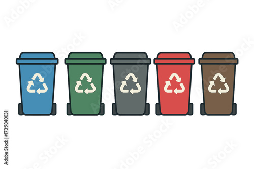 Five brightly colored garbage containers standing in a row displaying the universal recycling symbol