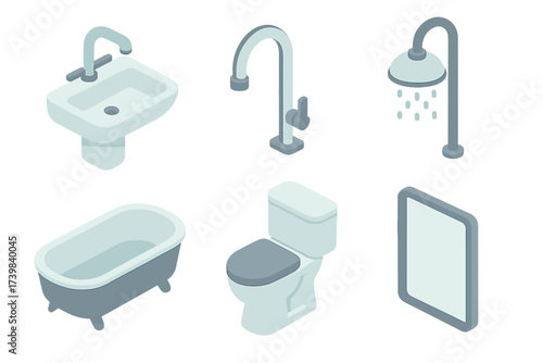 Isometric modern bathroom furniture and plumbing fixtures set including sink toilet bathtub shower and mirror