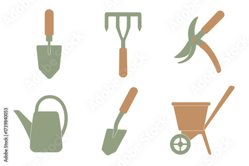 Assortment of essential gardening equipment like shovels, rake, pruners, and watering can