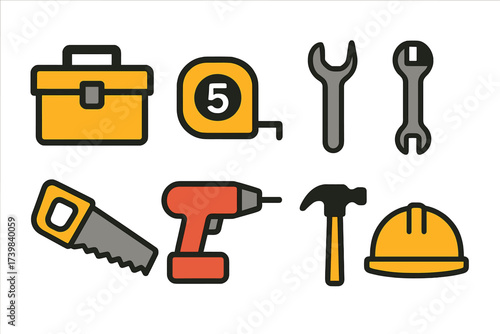 Set of essential construction and repair tools including hammer saw drill and safety helmet
