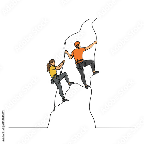Climbing couple ascending a rock face with harnesses and ropes  
