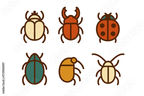 Collection of six colorful stylized beetle icons featuring ladybug and stag beetle