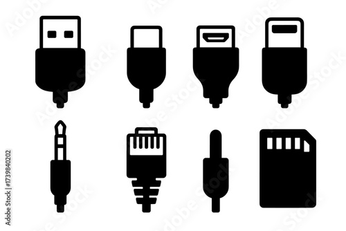 Set of common electronic connection plugs and memory card symbols for digital devices