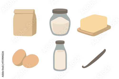 Essential baking ingredients including flour, sugar, butter, eggs, milk, and vanilla bean