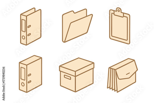Isometric icons of office supplies for document organization including binders, folders, clipboard, and storage boxes