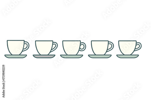 Horizontal arrangement of five stylized white coffee cups resting on small teal saucers
