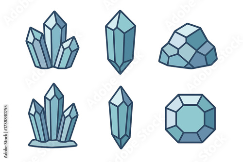 Stylized collection of blue and teal mineral crystals and faceted gemstones