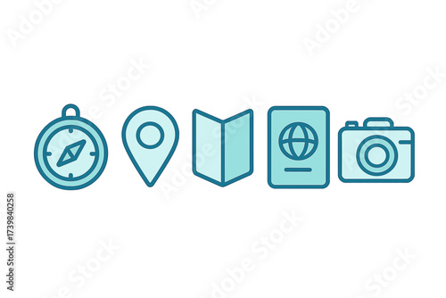 Essential travel and navigation elements including compass location pin map passport and camera