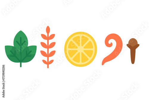 Stylized natural ingredients collection featuring fresh green leaves, citrus fruit slice, and aromatic spices