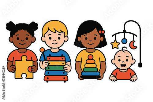 Group of diverse young children and baby playing with colorful educational toys