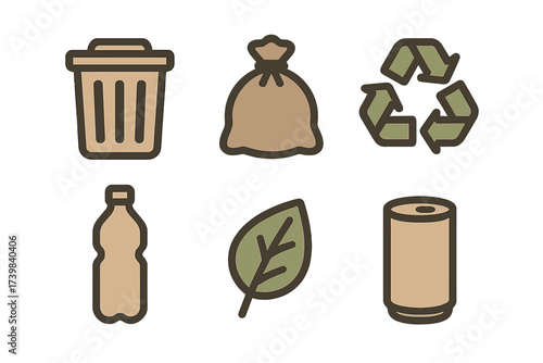 Earth tone icons for waste sorting, recycling symbols, and environmental protection