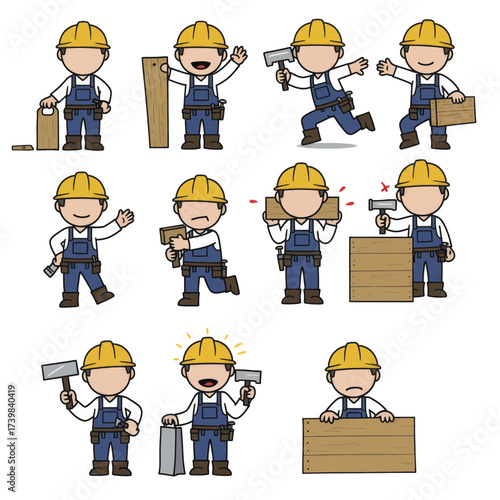 Set of cute cartoon carpenter characters in various poses.