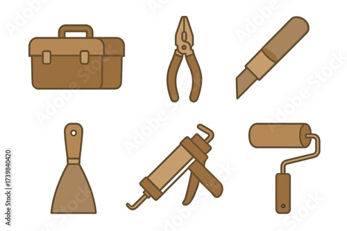 Collection of essential construction and home repair tools including a toolbox, caulk gun, and paint roller