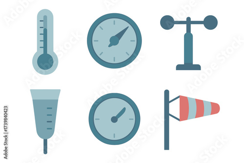 Essential weather measurement tools: thermometer, anemometer, rain gauge, barometer, and wind sock