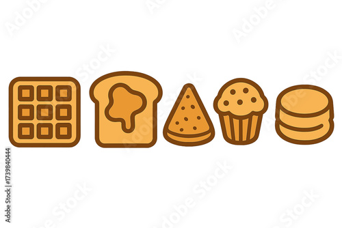 Collection of popular breakfast and bakery food icons including waffle toast and pancakes