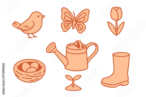 Set of outlined spring and gardening icons: bird, butterfly, tulip, watering can, nest, and boot