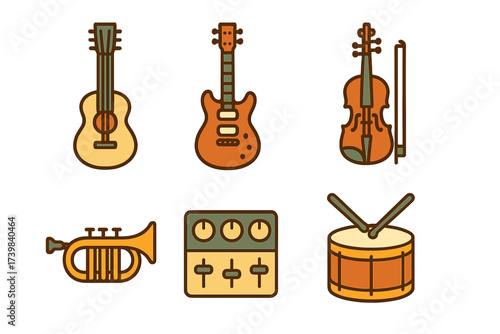 Stylized musical instruments and sound equipment including guitars, violin, and trumpet