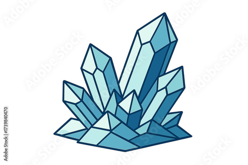 Geometric cluster of blue quartz crystals or ice shards isolated on a white background