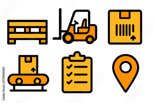 Essential icons for warehouse logistics, shipping, delivery, and inventory management