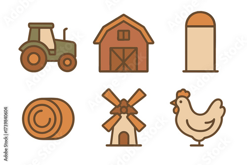 Essential farming and agricultural icons including machinery, buildings, and livestock symbols