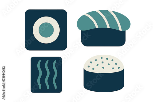 Minimalist set of four sushi icons featuring maki, nigiri, and rice in a modern flat design style