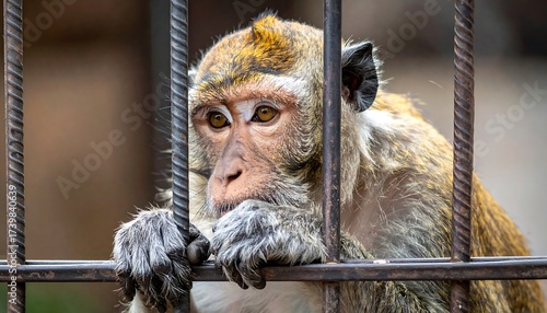 Close-up view of a primate behind metal bars, gazing with deep thought, showcasing detailed fur and facial features, conveying captivity