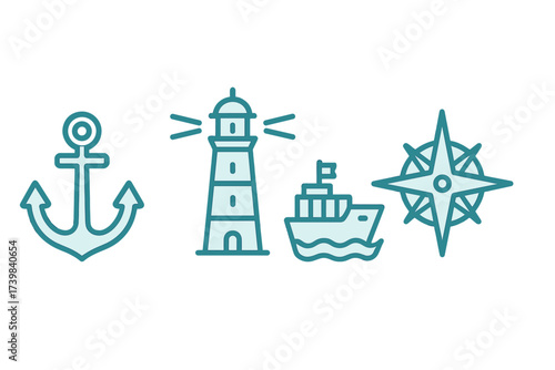 Nautical symbols set featuring anchor, lighthouse, passenger ship, and navigational compass rose